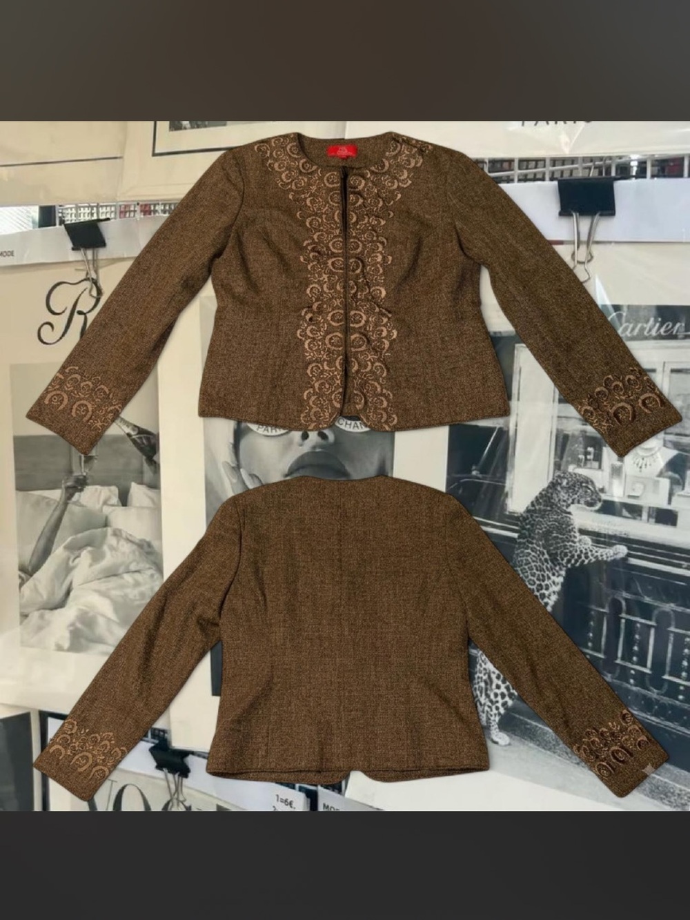 Oscar by Oscar De La Renta Embroidered Chocoalte Brown Tweed blazer